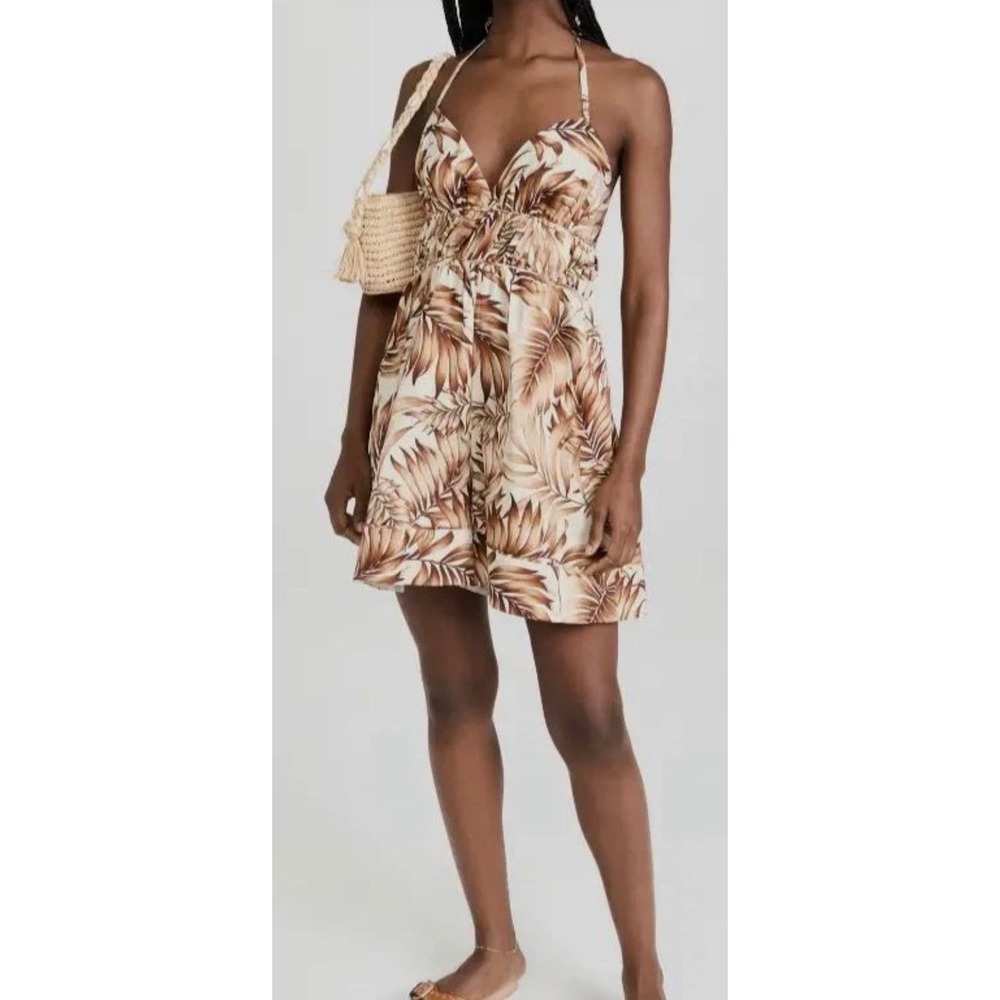 Autumn Adeigbo Karina halter-neck tan palm print shorts romper 8 resort
Boho fun